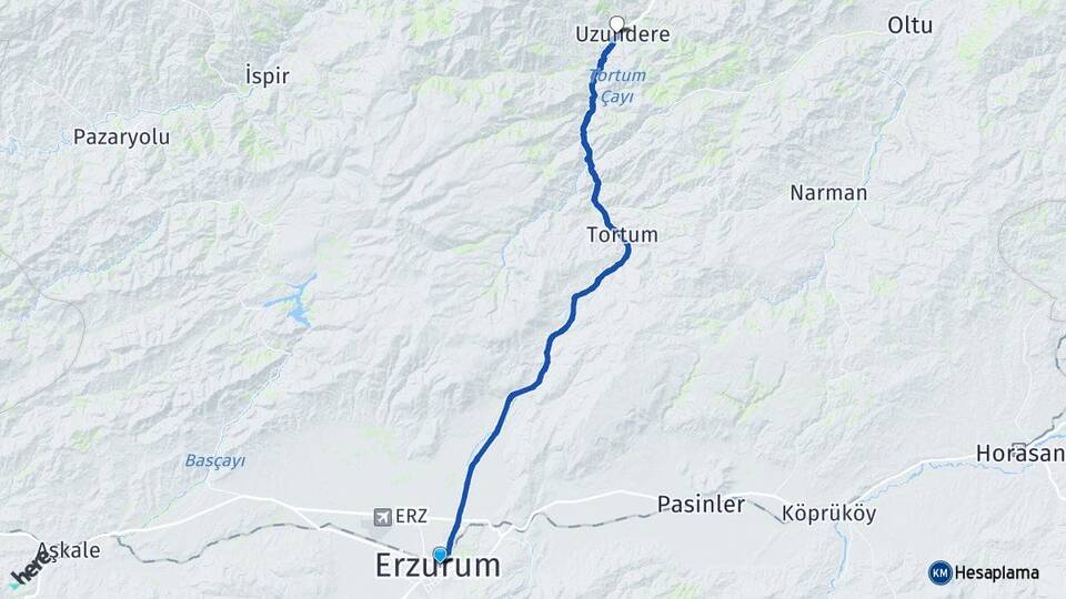 Erzurum Çaybaşı Uzundere Arası Kaç Km - Yol Haritası