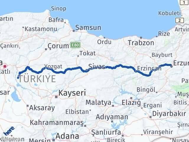 Erzurum Çelebi Kırıkkale Arası Kaç Km - Yol Haritası