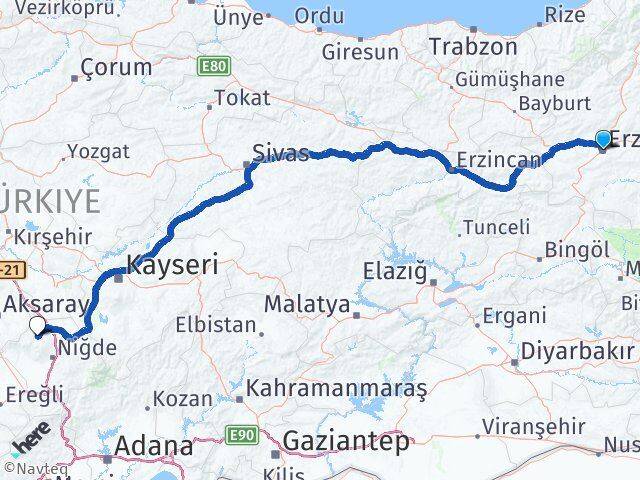 Erzurum Çiftlik Niğde Arası Kaç Km - Yol Haritası