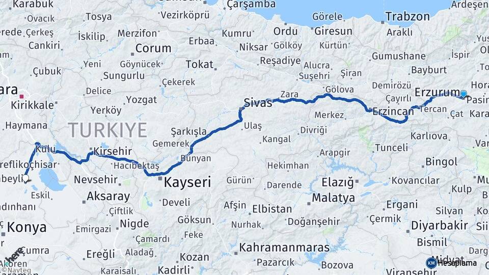 Erzurum Cihanbeyli Konya Arası Kaç Km - Yol Haritası