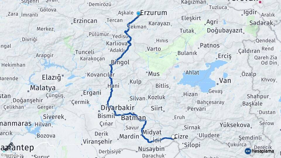 Erzurum Cizre Şırnak Arası Kaç Km - Yol Haritası