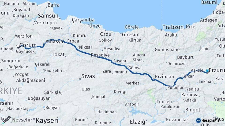 Erzurum Çorum Arası Kaç Km - Yol Haritası