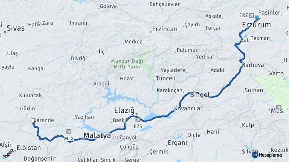 Erzurum Darende Malatya Arası Kaç Km - Yol Haritası