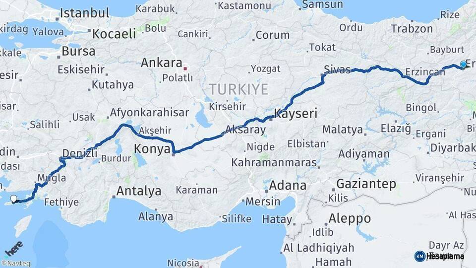 Erzurum Datça Muğla Arası Kaç Km - Yol Haritası