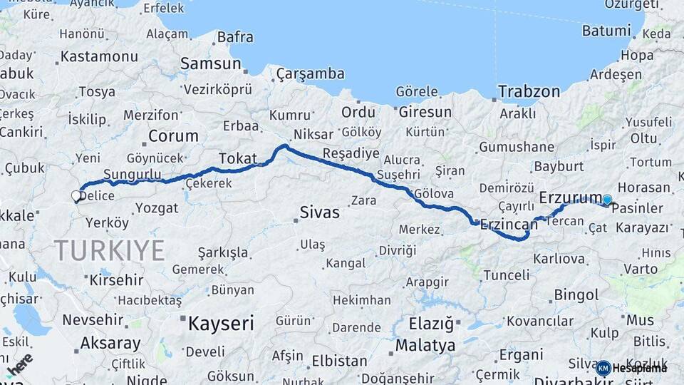 Erzurum Delice Kırıkkale Arası Kaç Km - Yol Haritası