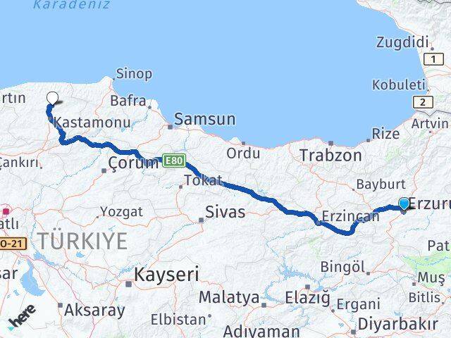 Erzurum Devrekani Kastamonu Arası Kaç Km - Yol Haritası