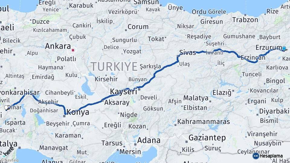 Erzurum Dinar Afyonkarahisar Arası Kaç Km - Yol Haritası