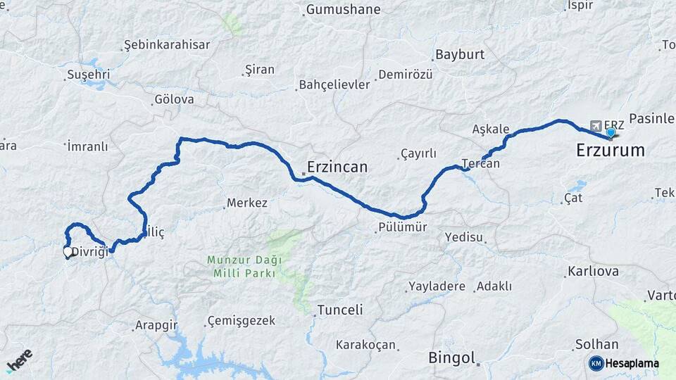 Erzurum Divriği Sivas Arası Kaç Km - Yol Haritası