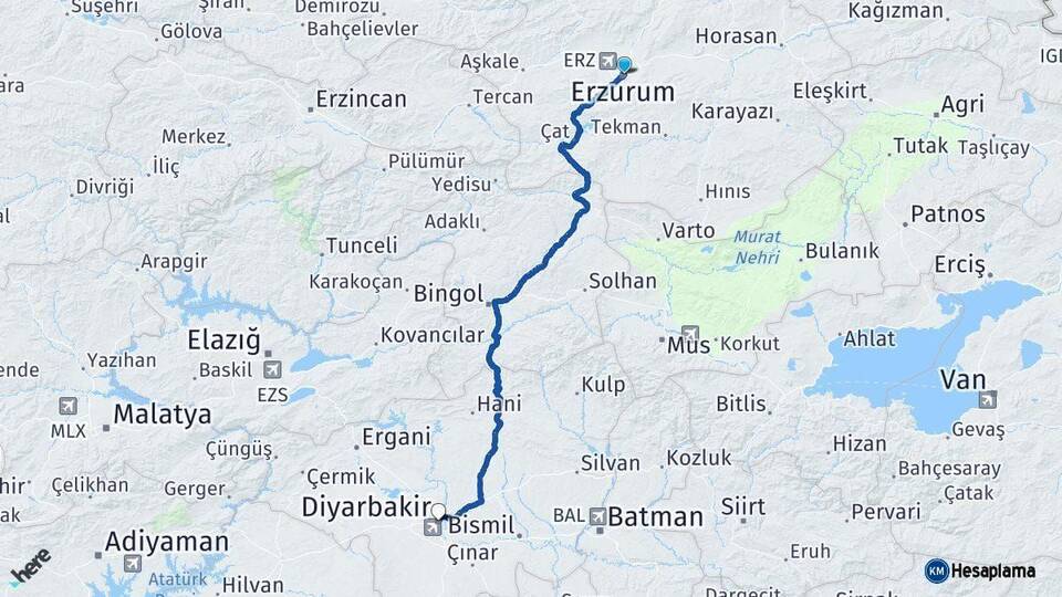 Erzurum Diyarbakır Arası Kaç Km - Yol Haritası
