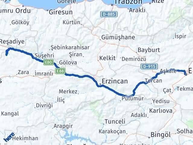 Erzurum Doğanşar Sivas Arası Kaç Km - Yol Haritası