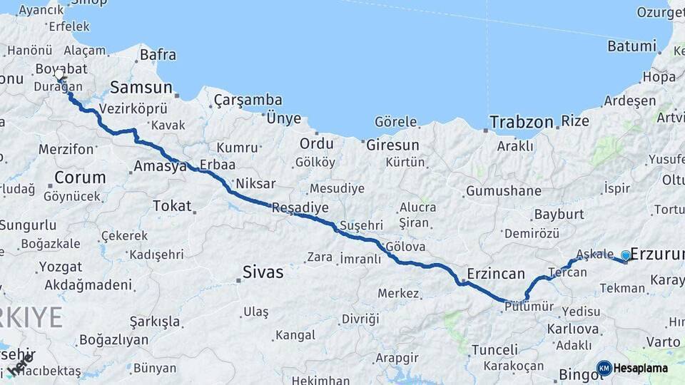 Erzurum Durağan Arası Kaç Km - Yol Tarifi