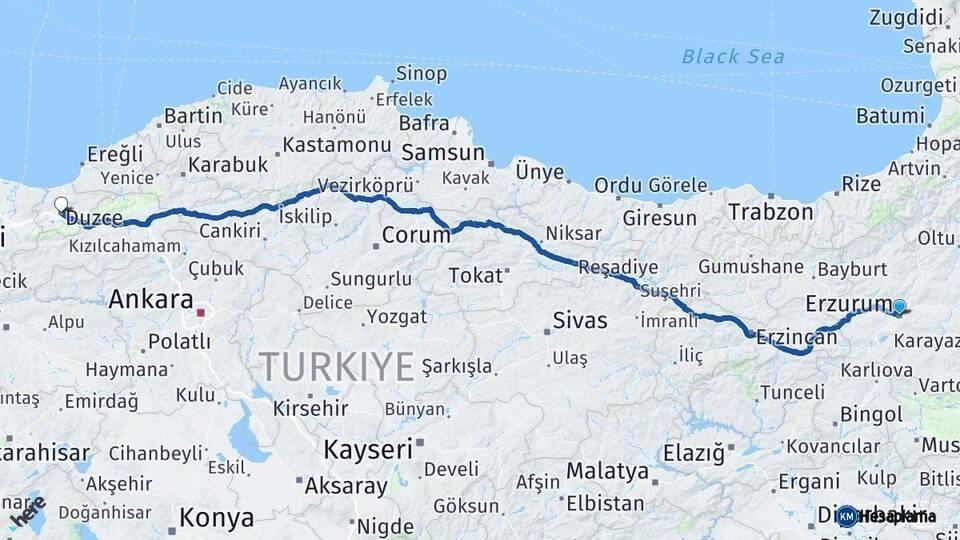 Erzurum Düzce Arası Kaç Km - Yol Haritası