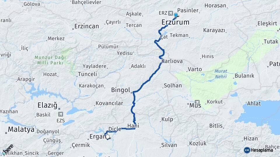 Erzurum Eğil Diyarbakır Arası Kaç Km - Yol Haritası