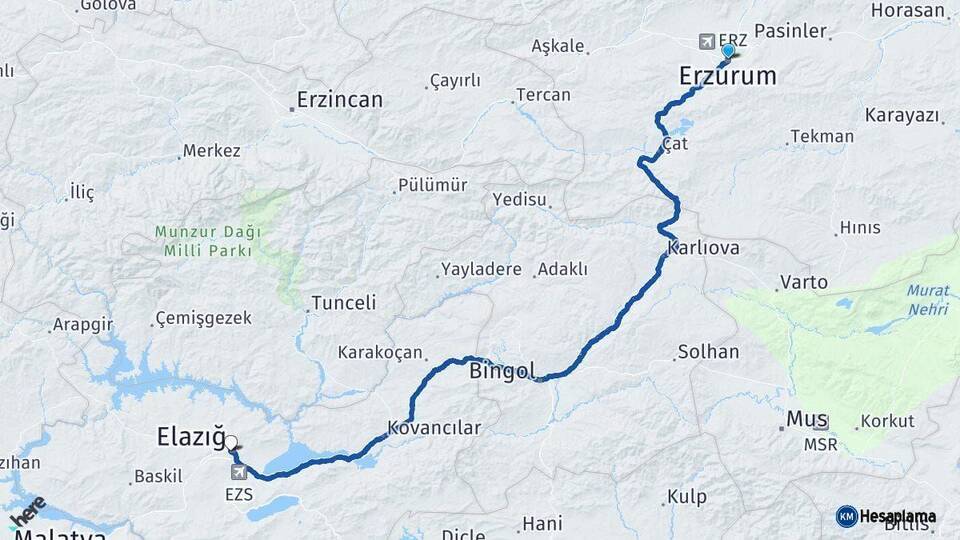 Erzurum Elazığ Arası Kaç Km - Yol Haritası