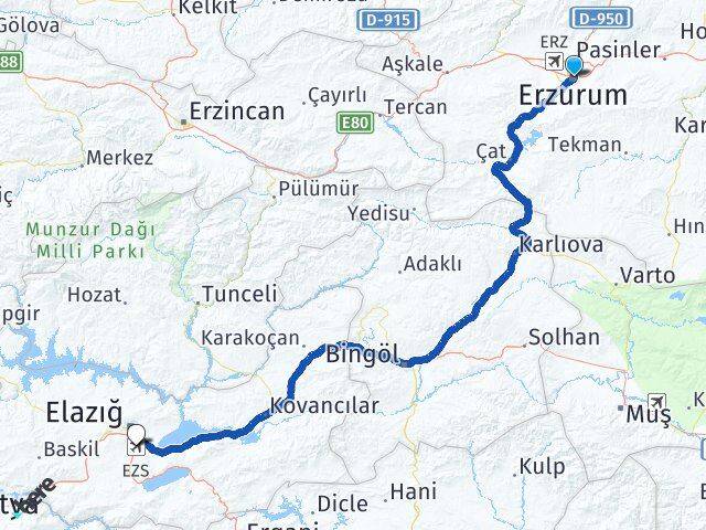 Erzurum Elazığ Havalimanı Arası Kaç Km - Yol Haritası