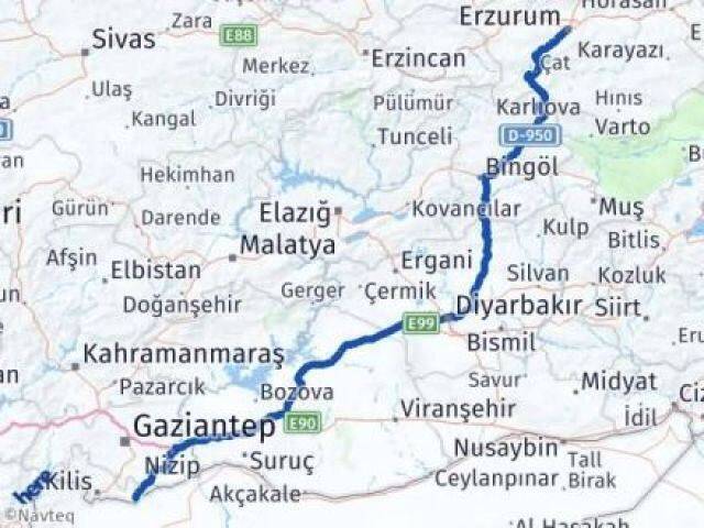 Erzurum Elbeyli Kilis Arası Kaç Km - Yol Haritası