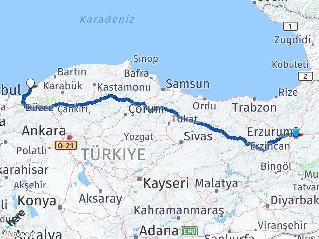 Erzurum Ereğli Zonguldak Arası Kaç Km - Yol Haritası