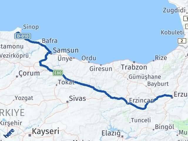 Erzurum Erfelek Sinop Arası Kaç Km - Yol Haritası