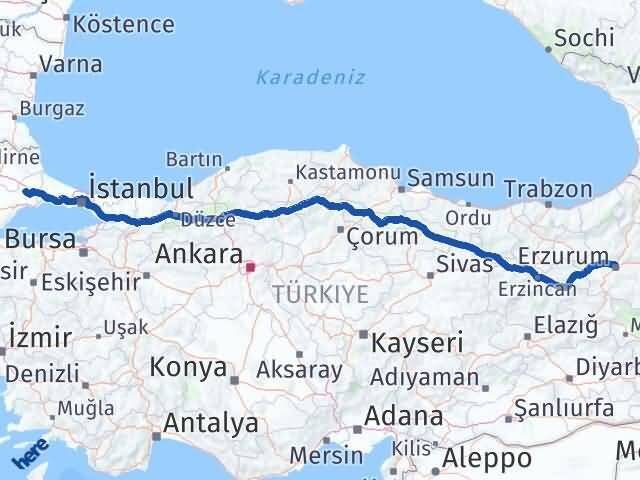 Erzurum Ergene Tekirdağ Arası Kaç Km - Yol Haritası