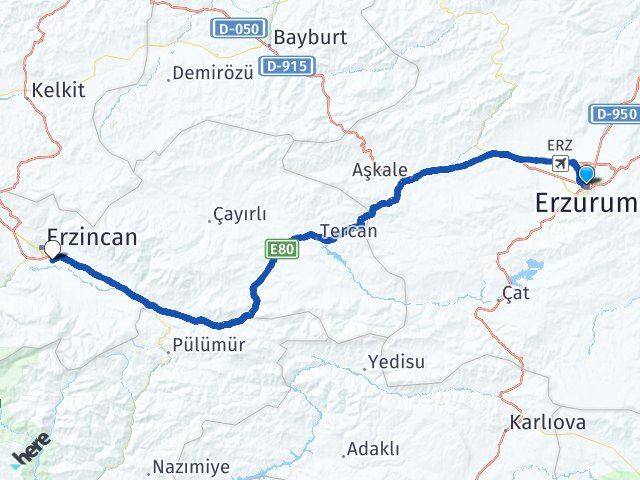 Erzurum Erzincan Havalimanı Arası Kaç Km - Yol Haritası