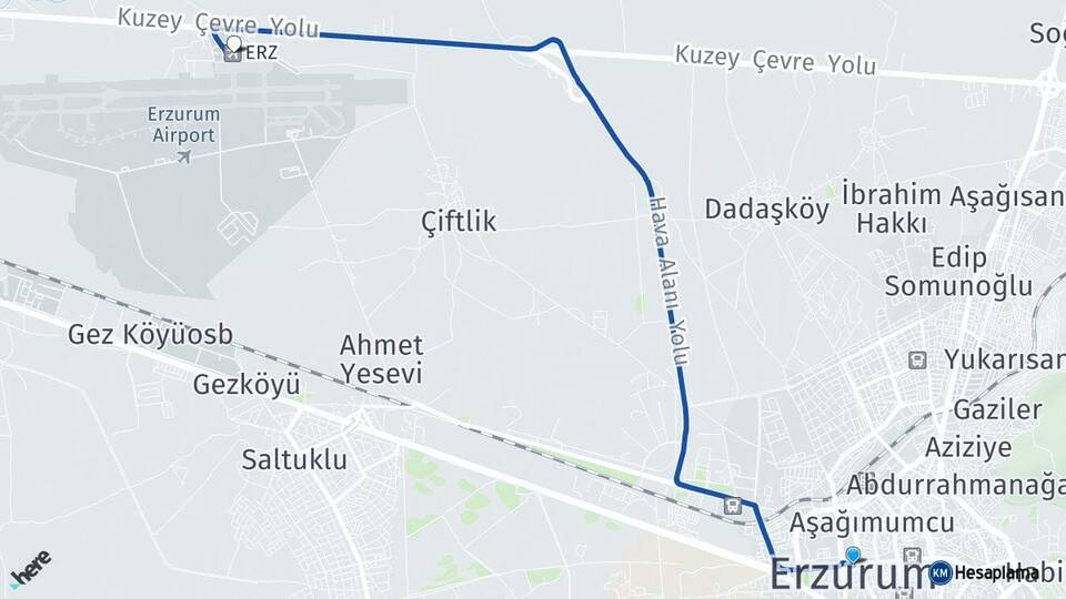 Erzurum Erzurum Havalimanı Arası Kaç Km - Yol Haritası