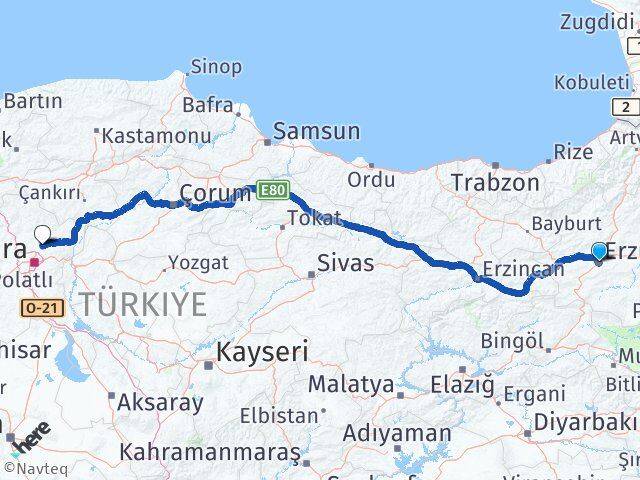 Erzurum Esenboğa Havalimanı Arası Kaç Km - Yol Haritası