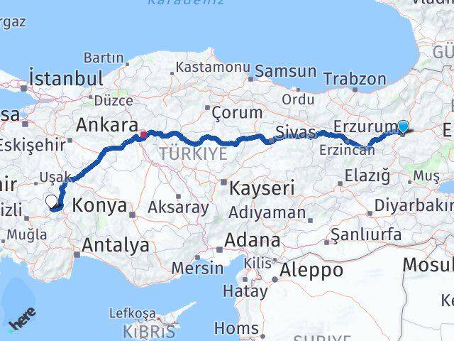 Erzurum Evciler Afyonkarahisar Arası Kaç Km - Yol Haritası