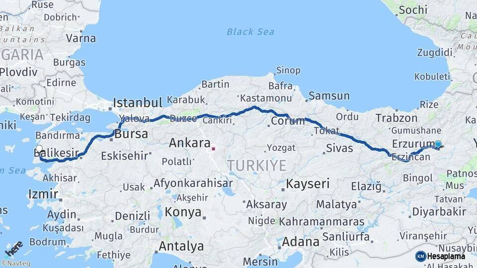 Erzurum Ezine Çanakkale Arası Kaç Km - Yol Haritası