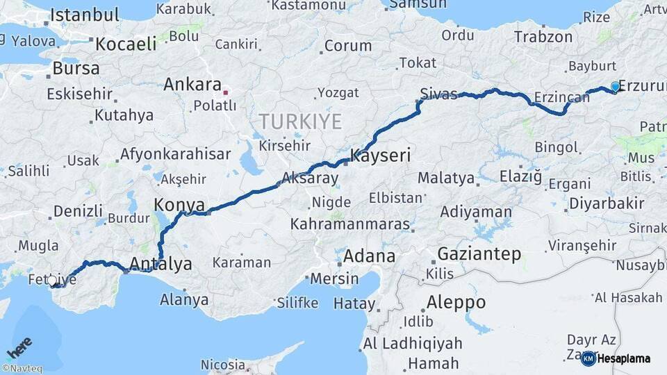 Erzurum Fethiye Arası Kaç Km - Yol Tarifi