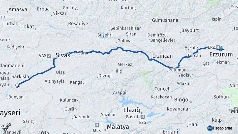 Erzurum Gemerek Sivas Arası Kaç Km - Yol Haritası