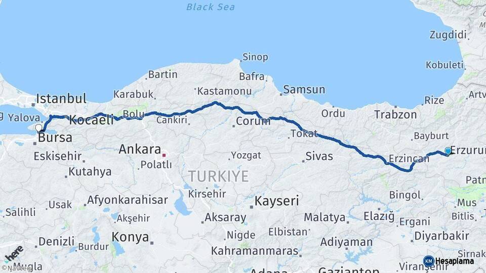 Erzurum Gemlik Bursa Arası Kaç Km - Yol Haritası