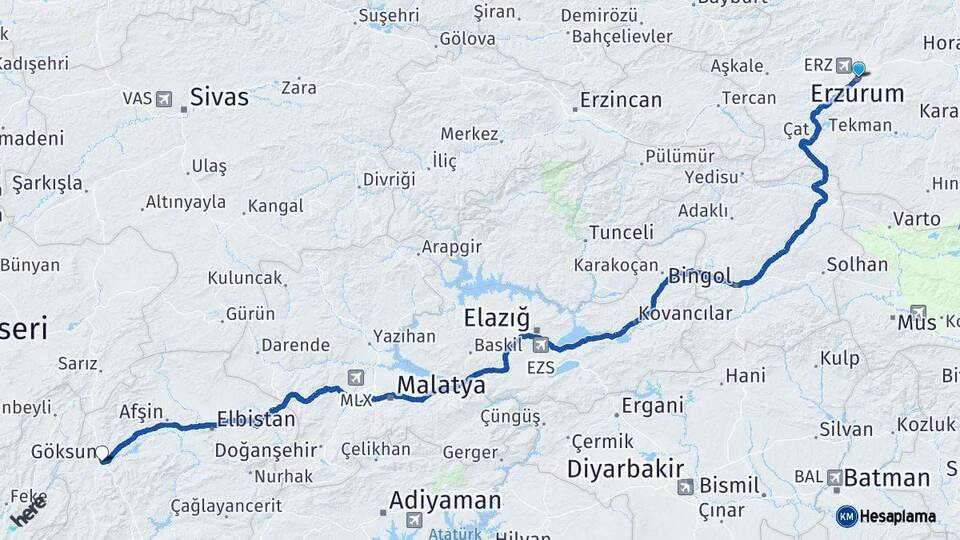 Erzurum Göksun Kahramanmaraş Arası Kaç Km - Yol Haritası