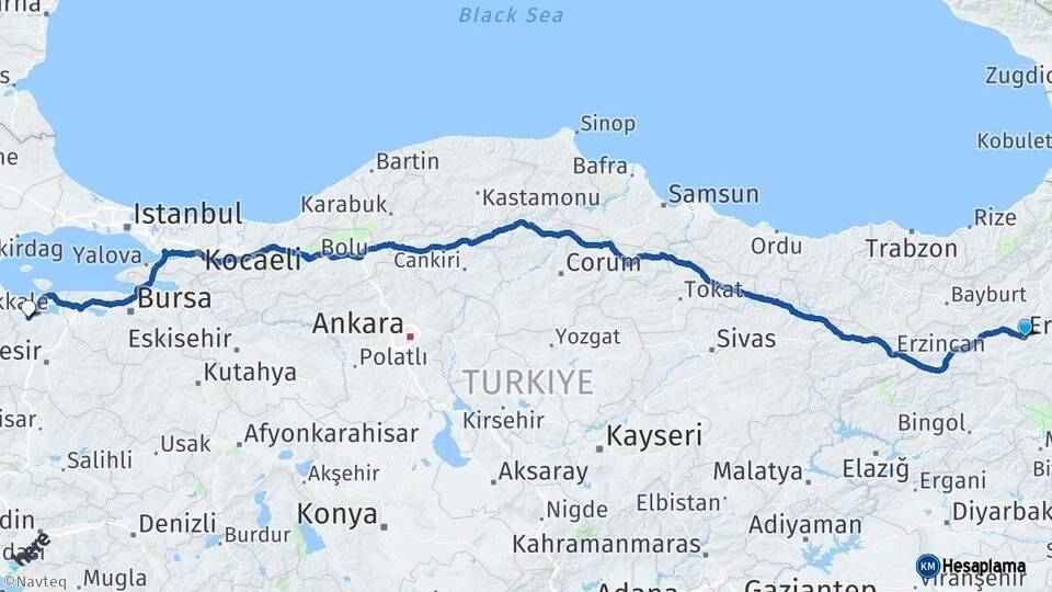 Erzurum Gönen Balıkesir Arası Kaç Km - Yol Haritası