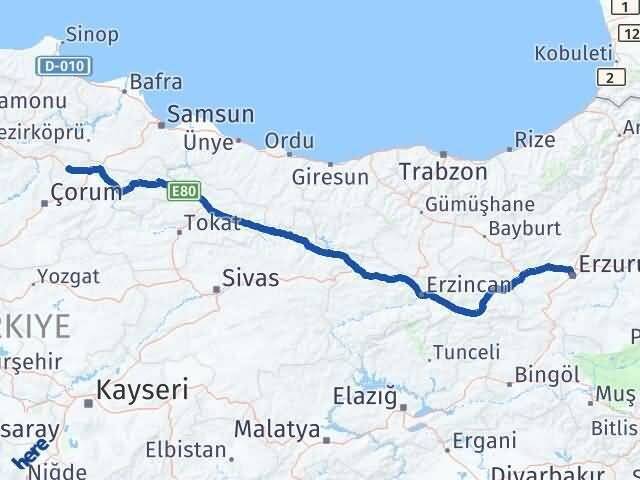 Erzurum Gümüşhacıköy Amasya Arası Kaç Km - Yol Haritası