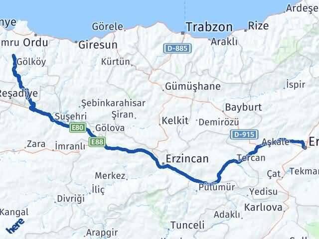 Erzurum Gürgentepe Ordu Arası Kaç Km - Yol Haritası
