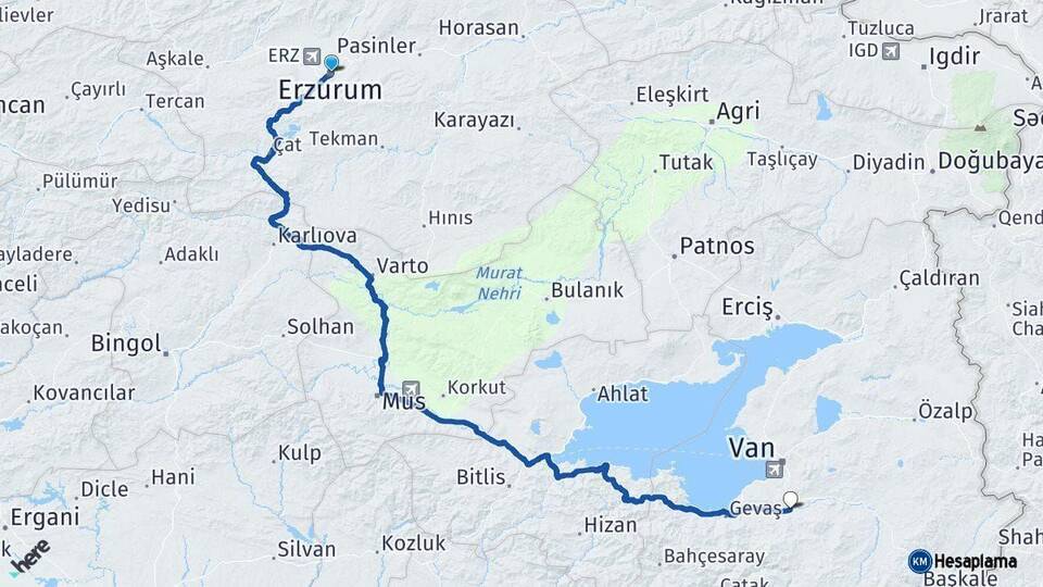 Erzurum Gürpınar Van Arası Kaç Km - Yol Haritası