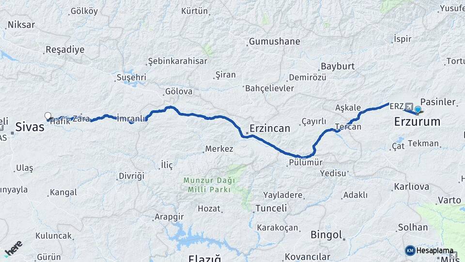 Erzurum Hafik Sivas Arası Kaç Km - Yol Haritası
