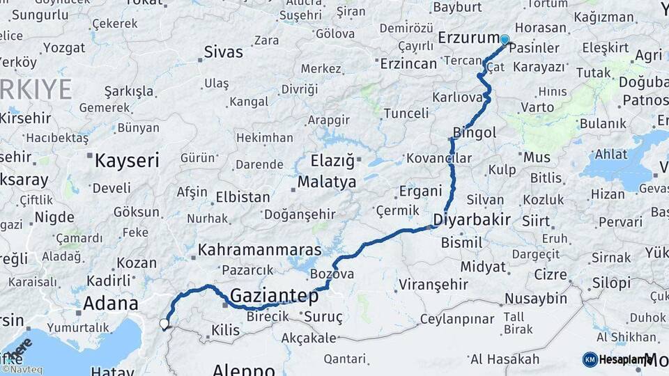 Erzurum Hassa Hatay Arası Kaç Km - Yol Haritası