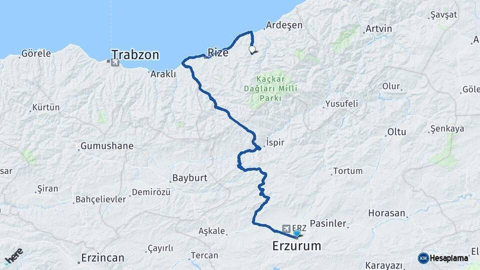 Erzurum Hemşin Rize Arası Kaç Km - Yol Haritası