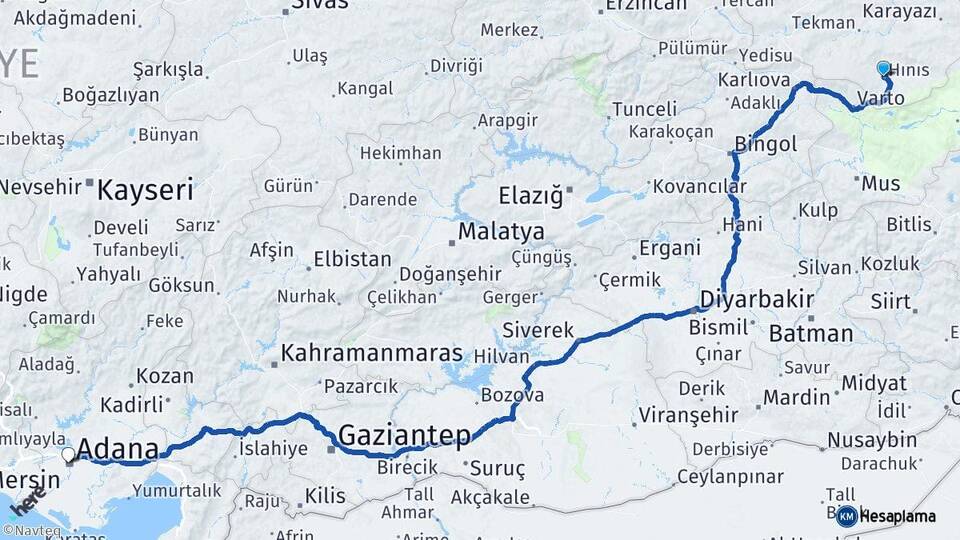 Erzurum Hınıs Adana Arası Kaç Km - Yol Haritası
