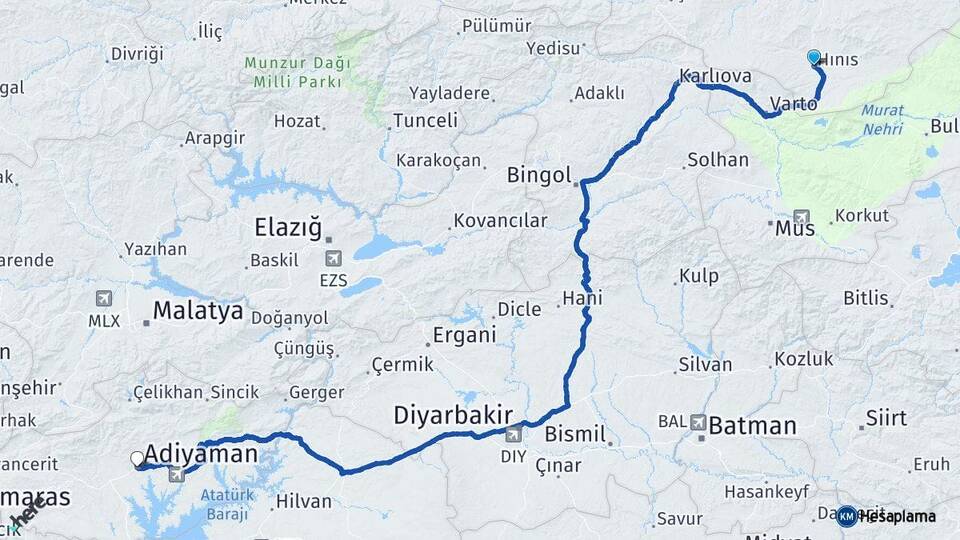 Erzurum Hınıs Adıyaman Arası Kaç Km - Yol Haritası