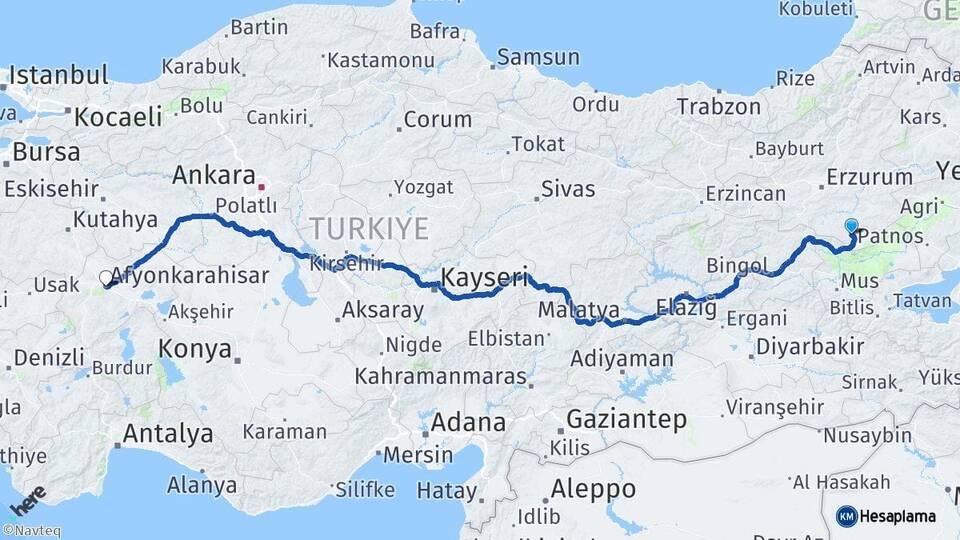 Erzurum Hınıs Afyonkarahisar Arası Kaç Km - Yol Haritası
