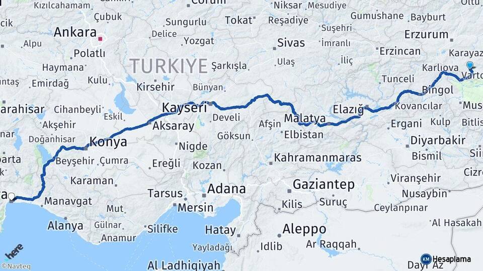 Erzurum Hınıs Antalya Arası Kaç Km - Yol Haritası