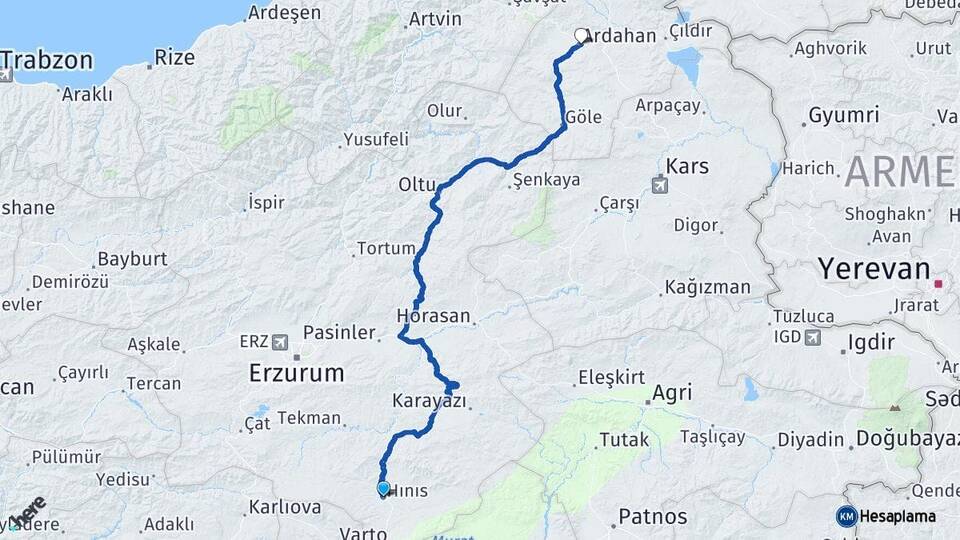 Erzurum Hınıs Ardahan Arası Kaç Km - Yol Haritası