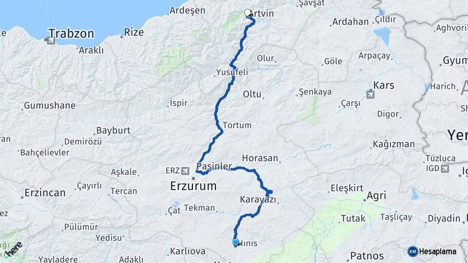Erzurum Hınıs Artvin Arası Kaç Km - Yol Haritası