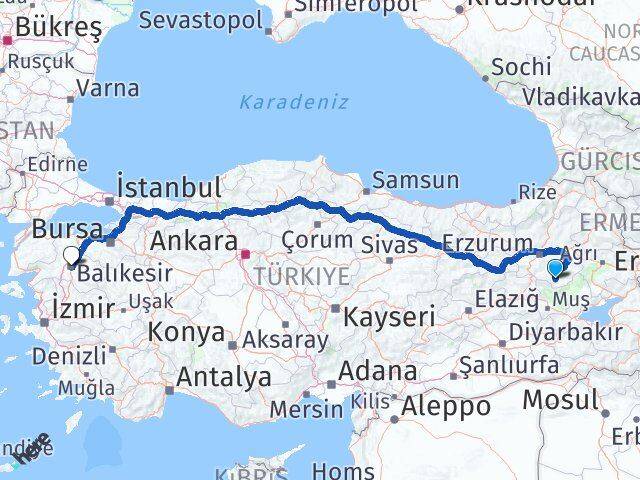 Erzurum Hınıs Balıkesir Arası Kaç Km - Yol Haritası