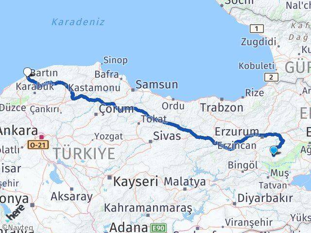 Erzurum Hınıs Bartın Arası Kaç Km - Yol Haritası