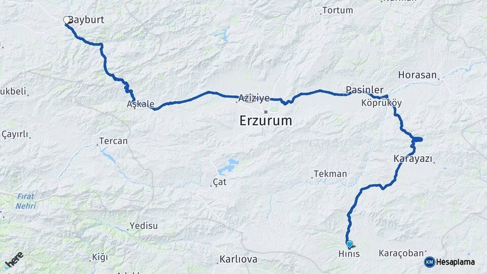 Erzurum Hınıs Bayburt Arası Kaç Km - Yol Haritası