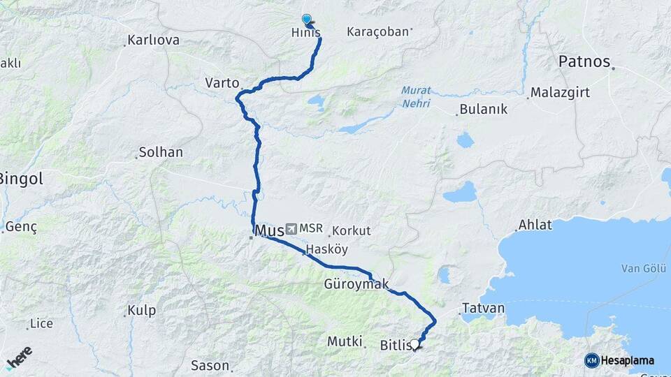 Erzurum Hınıs Bitlis Arası Kaç Km - Yol Haritası