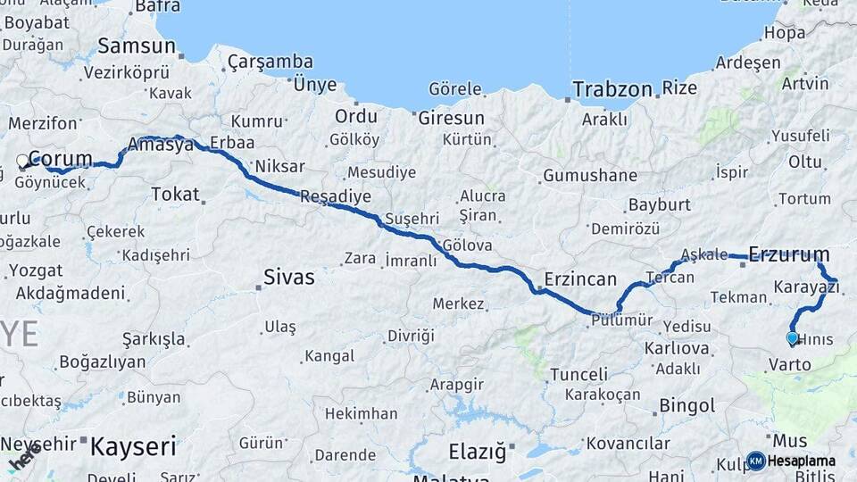 Erzurum Hınıs Çorum Arası Kaç Km - Yol Haritası